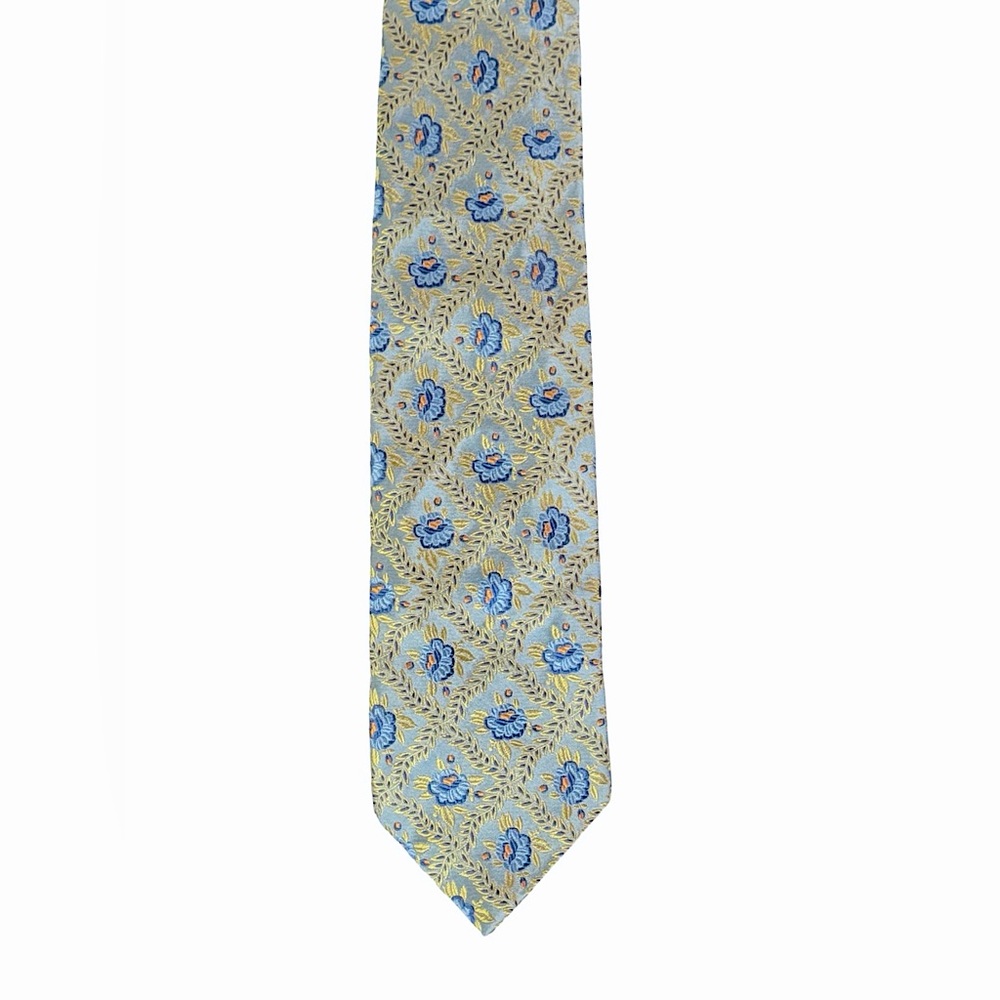 Altea Milano Tie 100% Silk Blue and Gold Flowers Hand Made in Italy
